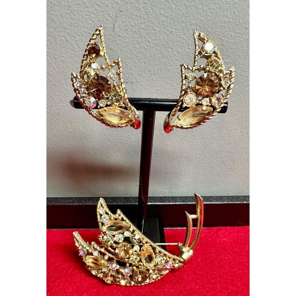 Emmons Vintage Amber Glow Rhinestone Brooch Earrings AB Set 1961